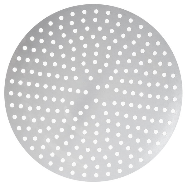 An American Metalcraft 15" perforated pizza disk. A circular metal surface with holes.