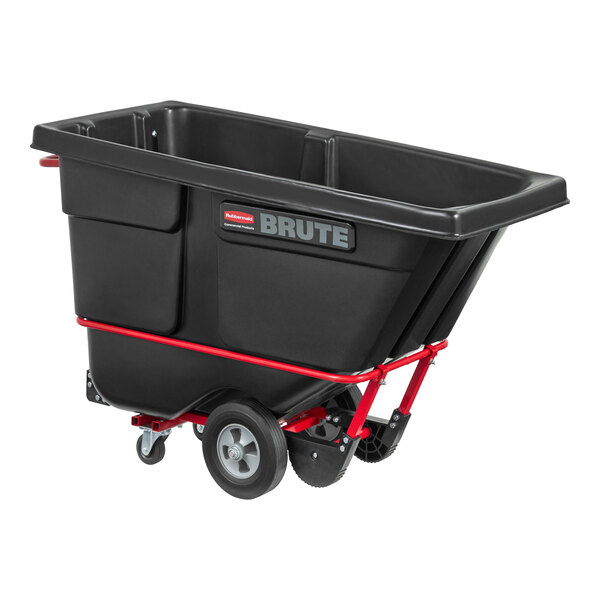 A black Rubbermaid Brute tilt truck with a red wheel.