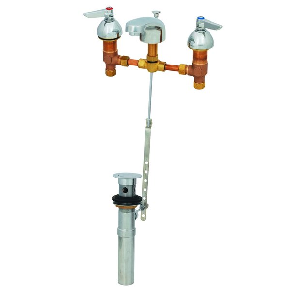 A T&S metal deck-mount faucet with two handles.