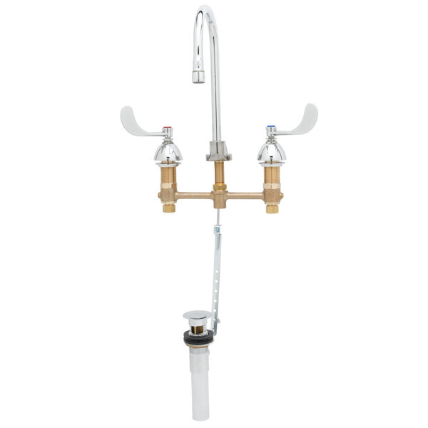 A T&S deck mount medical faucet with two wrist action handles and a gooseneck.