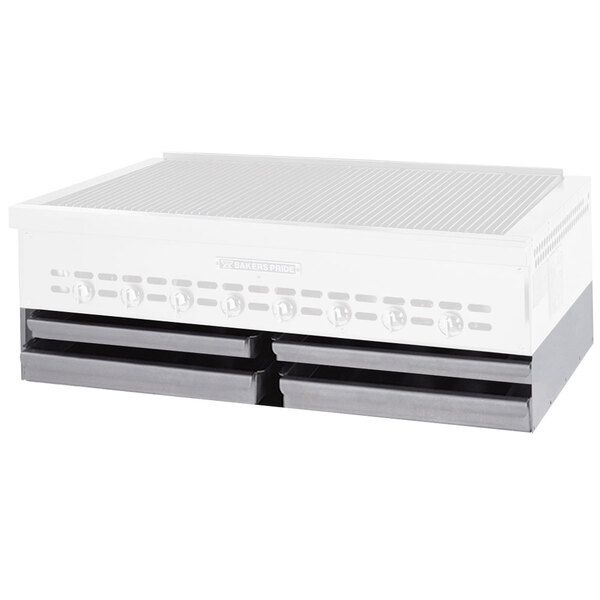 A white Bakers Pride countertop charbroiler smoke assist base with two drawers.