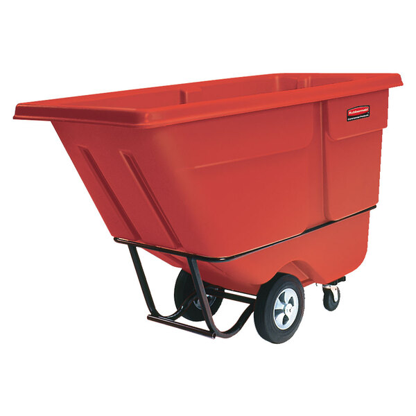 A red Rubbermaid tilt truck on a white background.