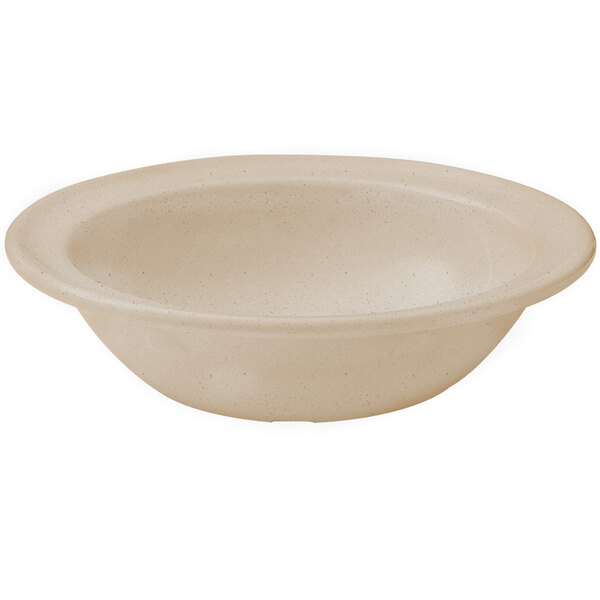 A Sandstone melamine bowl with a white rim.