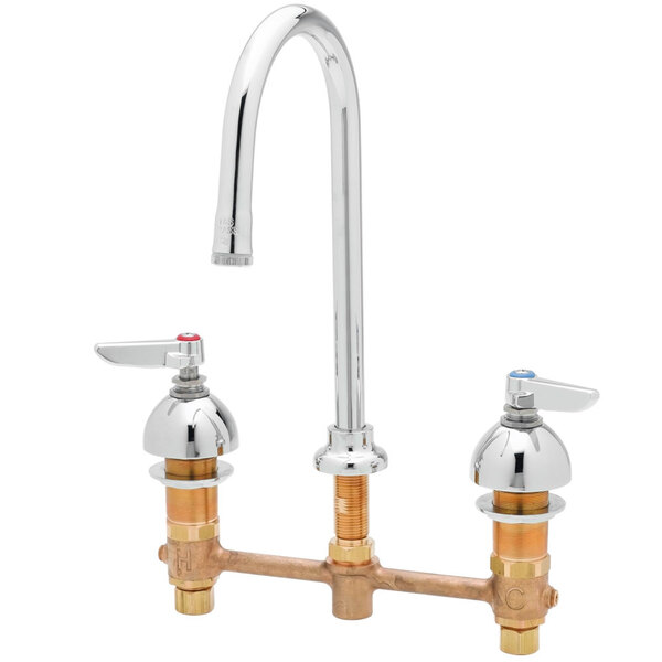 A T&S medical faucet with brass wrist action handles and a chrome finish.