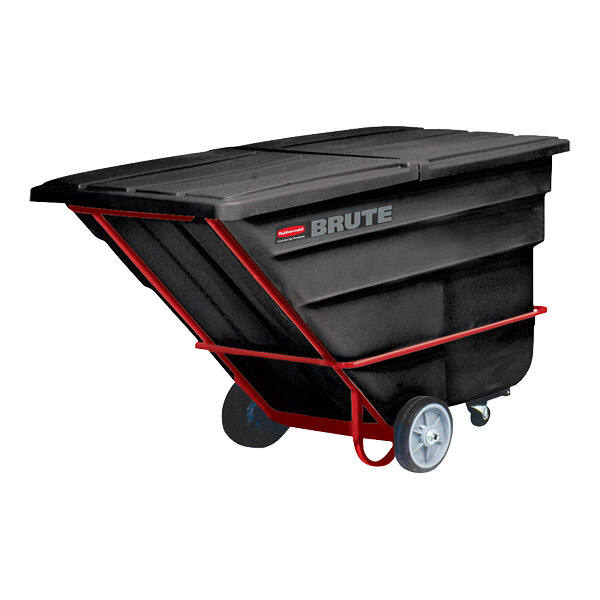A black Rubbermaid tilt truck with red accents.