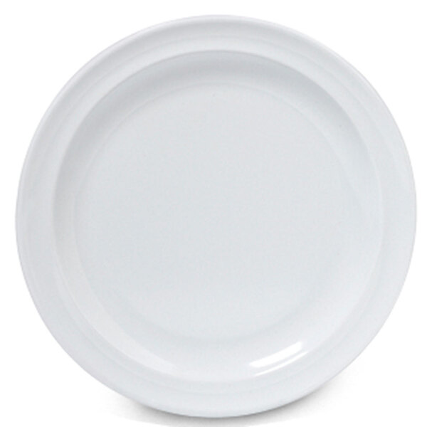 A close up of a white GET SuperMel plate with a white rim on a white surface.