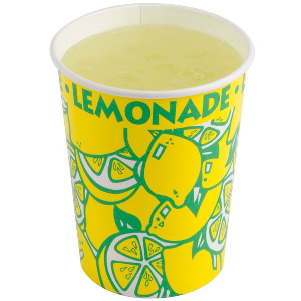 A yellow Squat Paper Lemonade Cup with a white and green design.