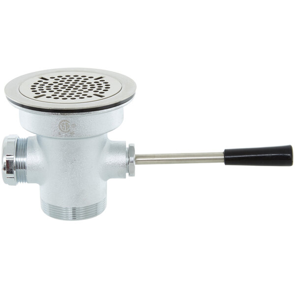 A T&S waste drain valve with short metal lever handle.