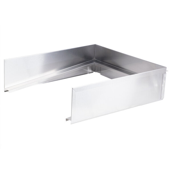 A stainless steel splashguard for a Bakers Pride Dante Series charbroiler with a metal corner and hole in the middle.
