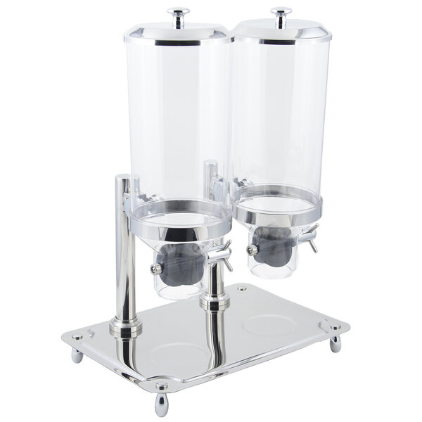 A Bon Chef metal stand holding two clear glass cereal dispensers.