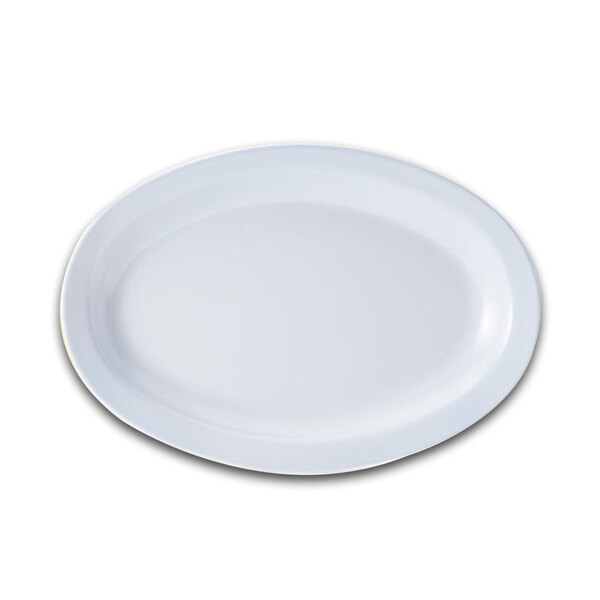 A white oval platter with a circular shape on a white background.