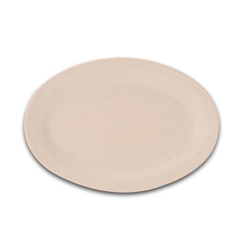 A white oval melamine platter with a sandstone texture.