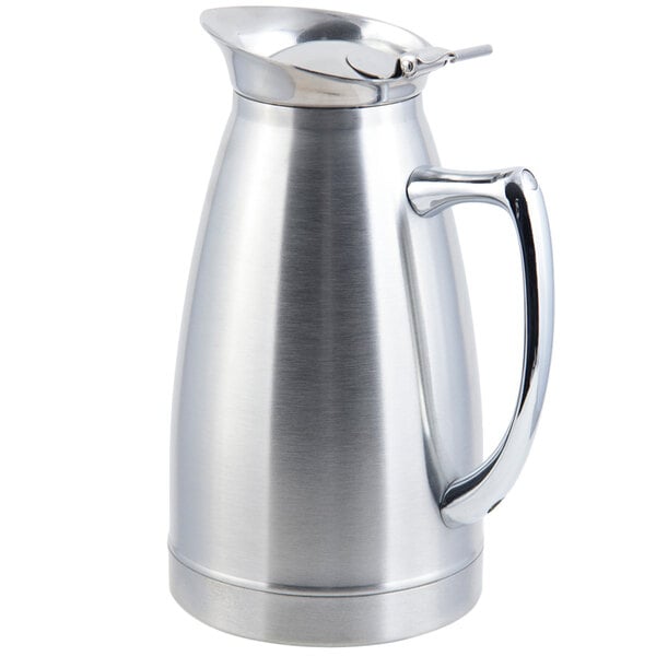 A Bon Chef stainless steel coffee server with a handle.