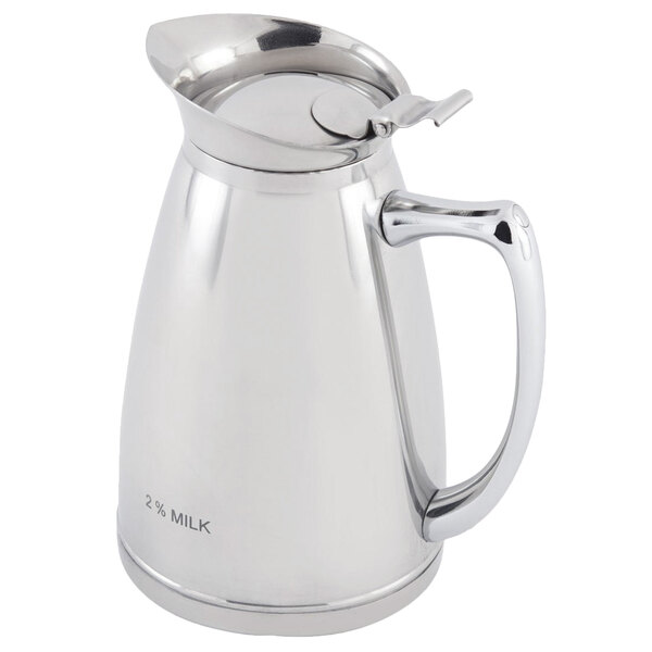 A Bon Chef stainless steel coffee server with a handle and crest reading "2% Milk" on the front.