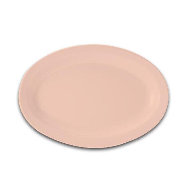 A tan oval platter with a pink border on a white background.