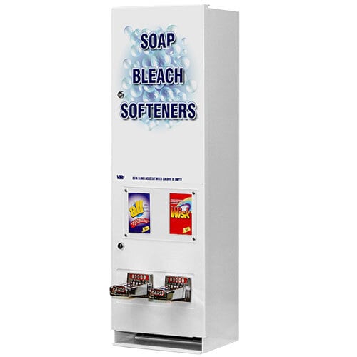 A white Vendmaster laundry soap vending machine with blue and red signs.
