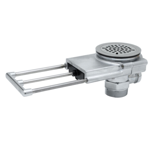 A silver T&S stainless steel waste drain with a round metal handle.