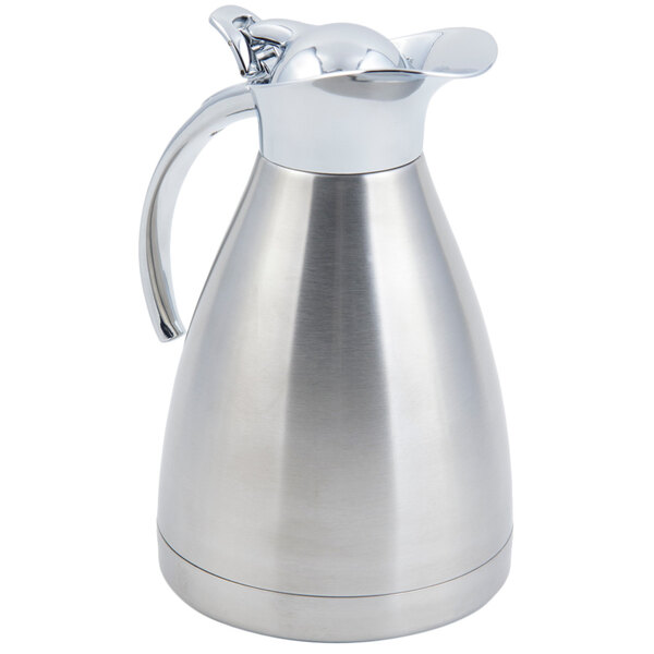 A silver stainless steel Bon Chef coffee server with a lid and handle.