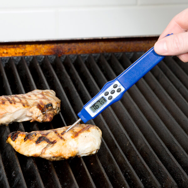 A hand using a Taylor digital pocket probe thermometer to check the temperature of grilled chicken.