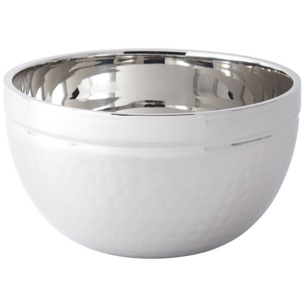 A white Bon Chef double wall bowl with a silver rim.