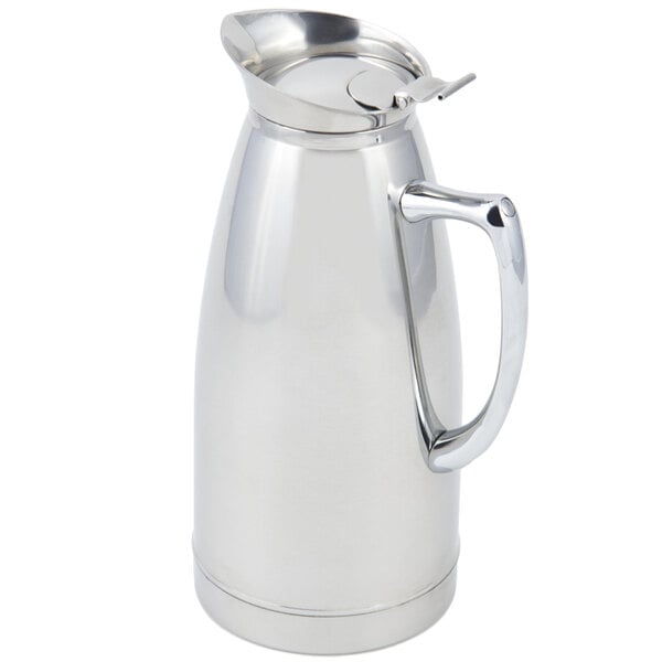 A Bon Chef stainless steel coffee server with a lid and handle.