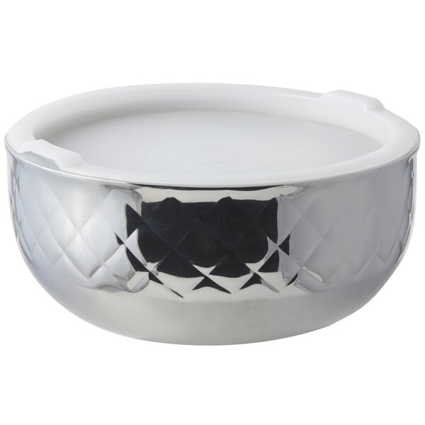 A silver Bon Chef triple wall bowl with a white lid.