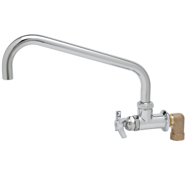 A T&S polished chrome wall mount faucet with a 4 arm handle and swing nozzle.