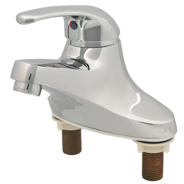A T&S chrome deck mounted lavatory faucet with single lever handle.