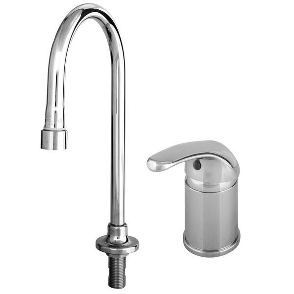 A T&S chrome single lever deck mounted faucet with a swivel gooseneck spout.
