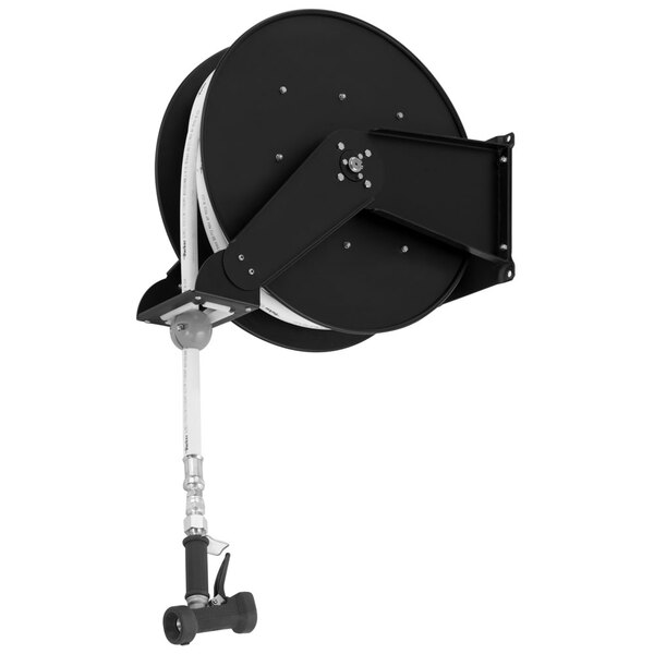 A black T&S hose reel with white accents on the handle and stand.