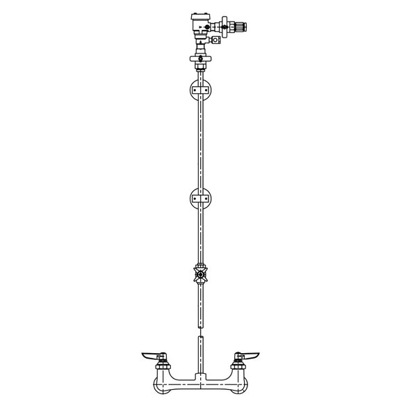 A line drawing of a T&S pre-rinse faucet base with wall brackets and risers.