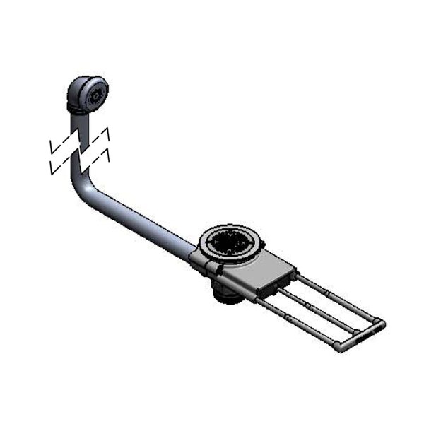 A metal T&S waste drain valve with a circular metal handle and hook on the end.