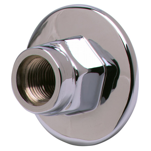 A shiny silver T&amp;S Laboratory Panel Flange with a threaded nut.