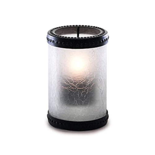 A Sterno frost crackle glass candle holder with bronze rings and a lit candle hanging inside.