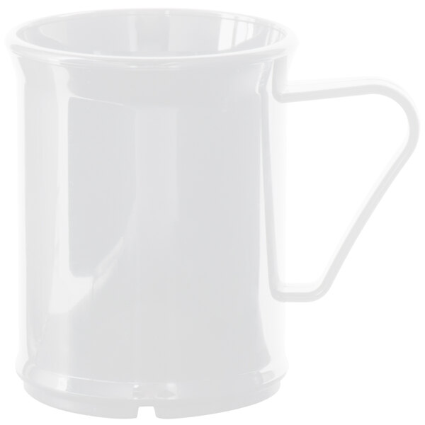 A white Cambro polycarbonate mug with a handle.