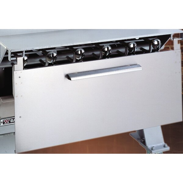 A Bakers Pride stainless steel heat shield with a white background.