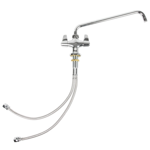 A stainless steel Equip by T&S deck-mounted faucet with flex inlets and lever handles.
