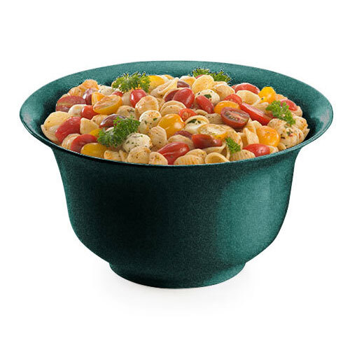 A Tablecraft hunter green and white speckled tulip salad bowl filled with pasta, tomatoes, and parsley on a table.