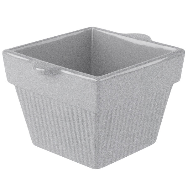 A square gray Tablecraft condiment bowl with a handle.