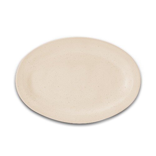 A sandstone oval melamine platter with a small hole in the middle.