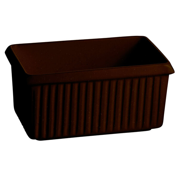 A brown rectangular Tablecraft cast aluminum server with ridges on the lid.