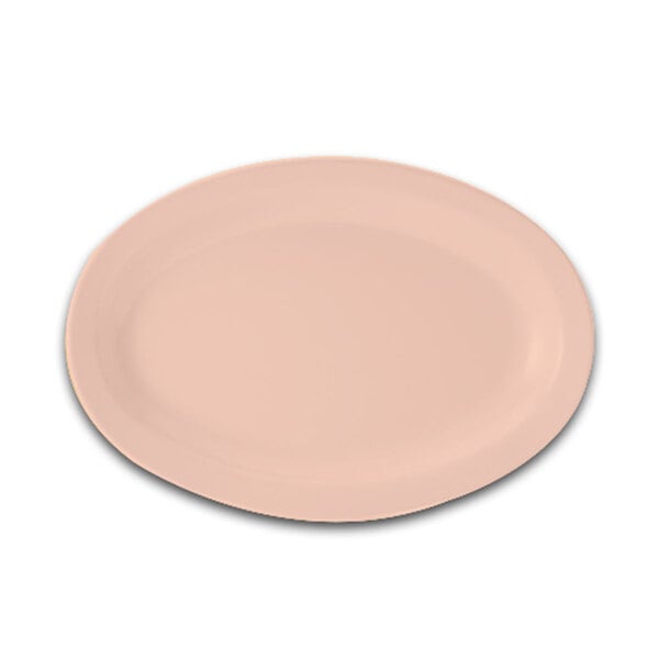 A tan oval platter with a white rim.