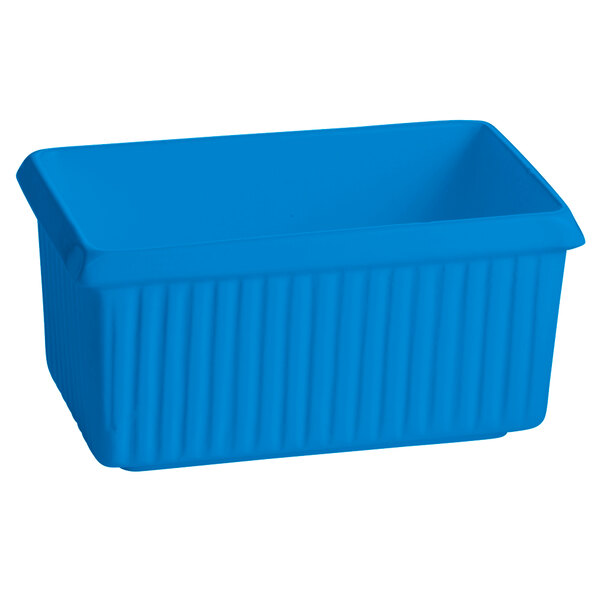 A Tablecraft sky blue cast aluminum container with ridges.