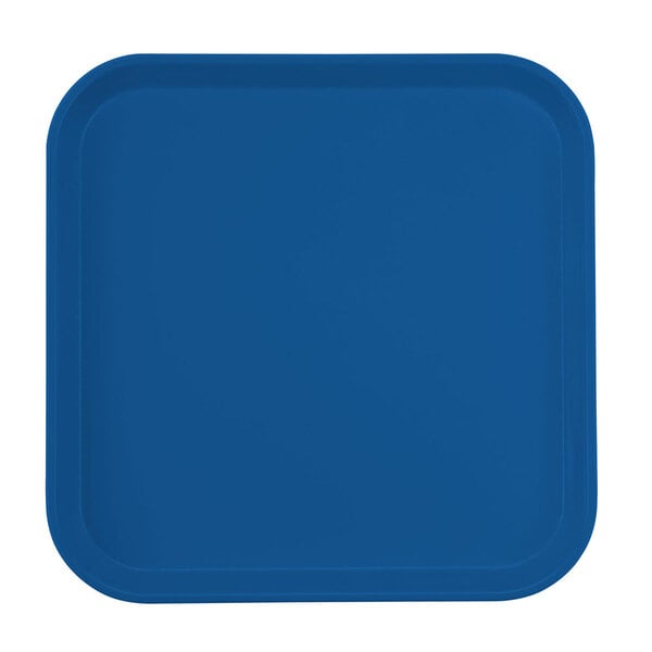 A blue square Cambro tray with a white stripe.