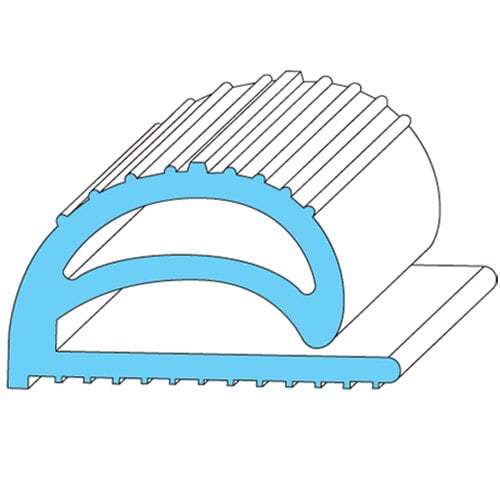 A blue and white plastic sheet with a circular extruded vinyl strip.