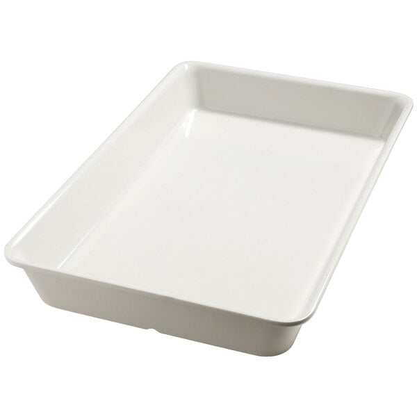 A white rectangular Carlisle Balsam melamine food pan with a lid.