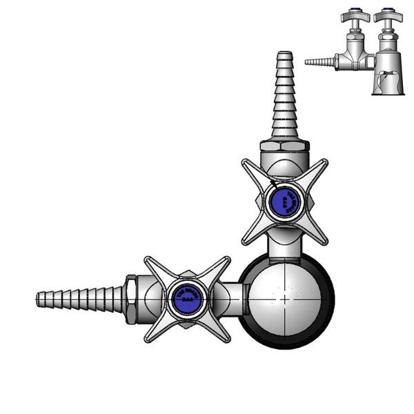 A drawing of a T&S laboratory turret with two 180 degree serrated hose cock and gas stop valves.