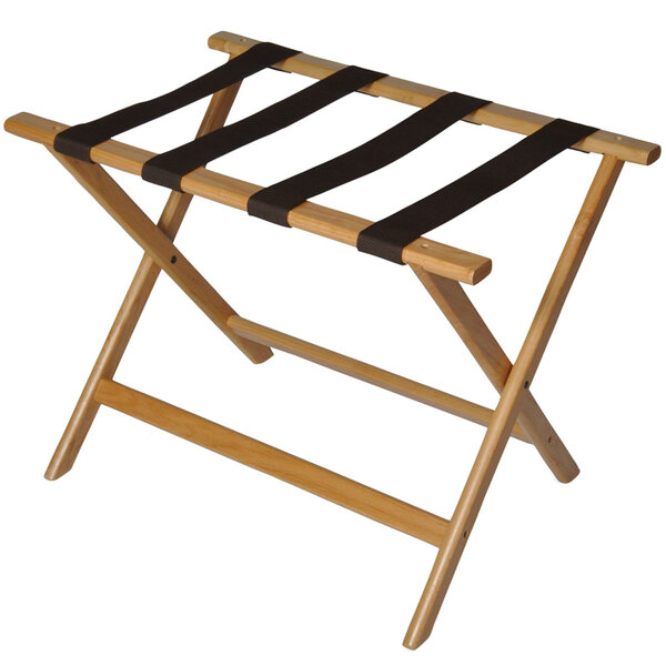 A CSL wood folding luggage rack with brown straps.