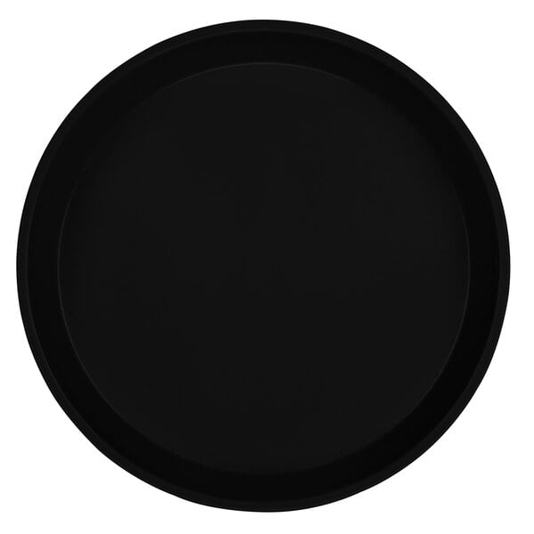 A black round Cambro cafeteria tray.