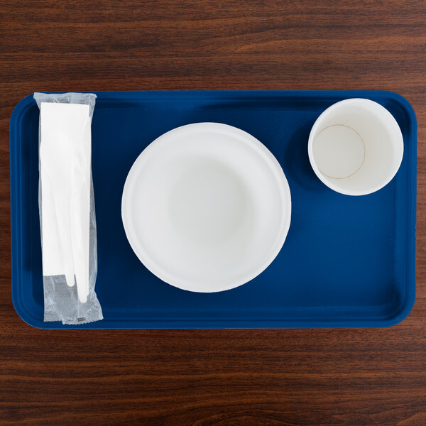 A white plate and cup on a blue Cambro rectangular tray.